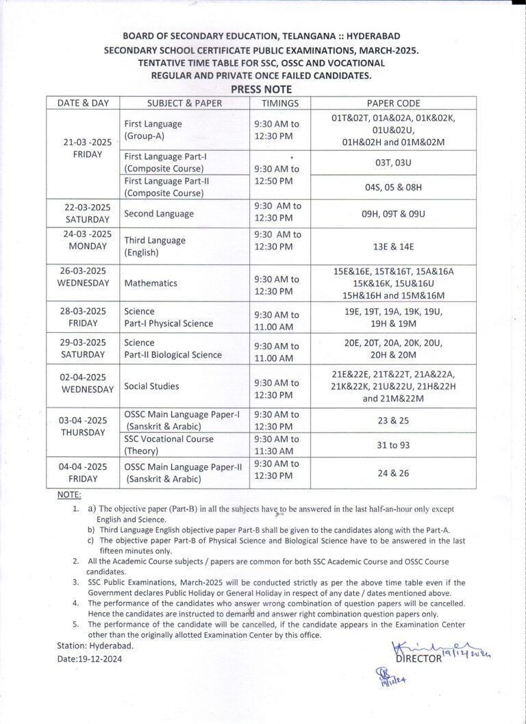 PRESS NOTE FOR SSC MARCH 2025 TENTATIVE TIME TABLE